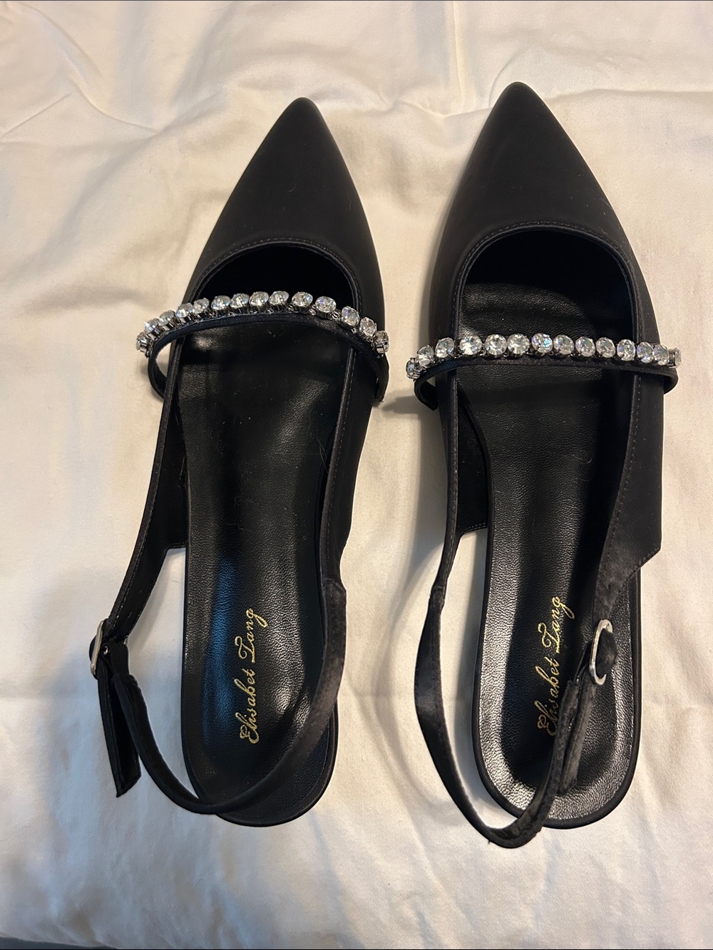 Black Pointed Slingback Flats with Rhinestone Strap